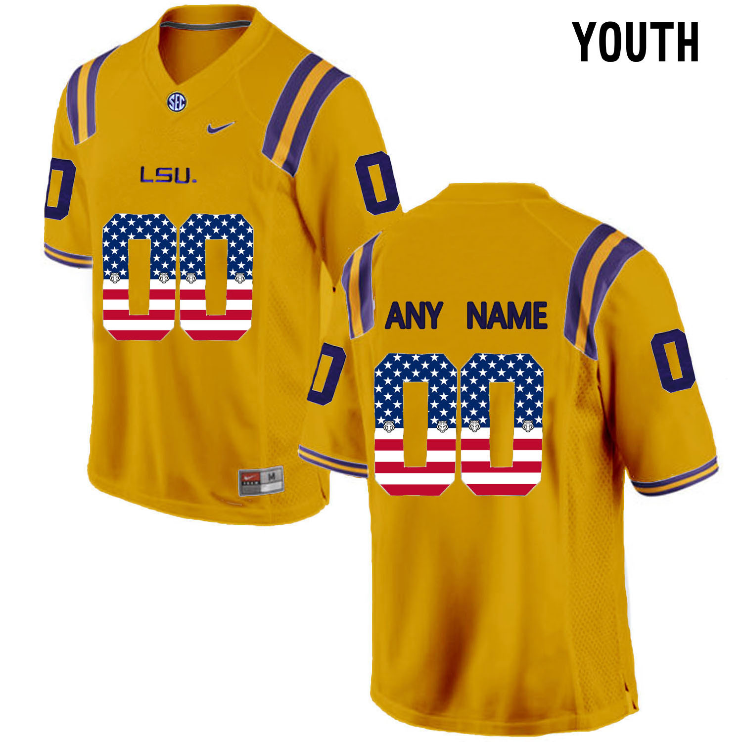 US Flag Fashion Youth LSU Tigers Customized College Football Limited Jersey Gold